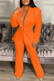 Orange Décontracté Solide Patchwork Cardigan Pantalon Col Revers Manches Longues Deux Pièces
