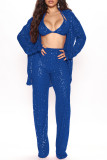 Cardigan blu sexy con paillettes casual patchwork con maniche lunghe in due pezzi