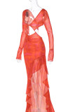 赤いセクシーなプリント中空アウト パッチワーク小帯フラウンス非対称 V ネック イレギュラー ドレス ドレス