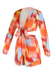 Orange Red Sexy Print Bandage Patchwork V Neck Long Sleeve Two Pieces