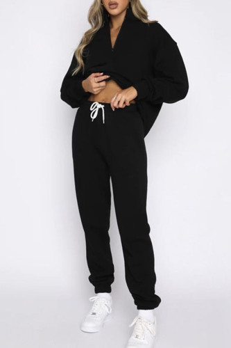 Black Casual Zipper Collar Long Sleeve Sweatshirt And Pants Sportwear Two Piece Jogger Set