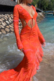 Red Sexy Print Hollowed Out Patchwork Frenulum Flounce Asymmetrical V Neck Irregular Dress Dresses