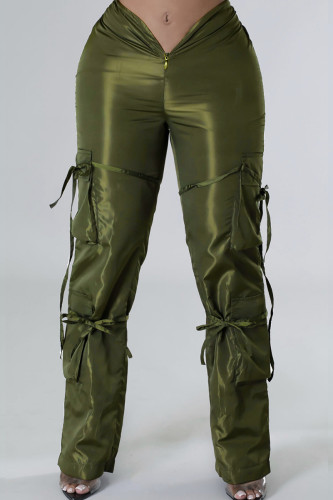 Army Green Casual Solid Patchwork Regular Mid Waist Trousers