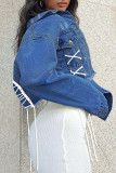 Темно-синяя повседневная однотонная джинсовая куртка с отложным воротником в стиле пэчворк и длинным рукавом