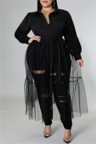 Zwarte sexy casual effen patchwork kraag met lange mouwen en grote maten jurken
