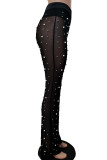 Calças retas de cor sólida preta sexy patchwork transparente com miçangas cintura alta