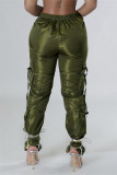 Armygrön Casual Solid Patchwork Byxor med medelhög midja