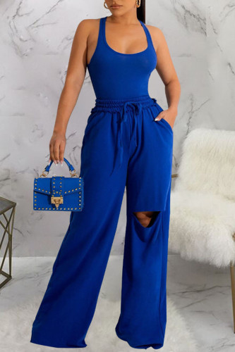 Blue Casual Solid Ripped Patchwork U Neck Sleeveless Two Pieces