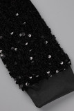 Svarta sexiga solida paljetter Patchwork Ytterkläder med blixtlåskrage (endast ytterkläder)