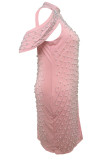 Pink Sexy Solid Patchwork Beading Hot Drill Half A Turtleneck Dresses
