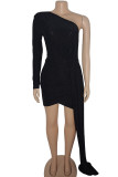 ブラック セクシー ソリッド パッチワーク 非対称 斜めカラー ペンシル スカート ドレス