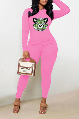 Pink Casual Print Patchwork O Neck Long Sleeve Two Pieces