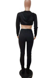 Black Sexy Sportswear Solid Patchwork Zipper Hooded Collar Long Sleeve Two Pieces