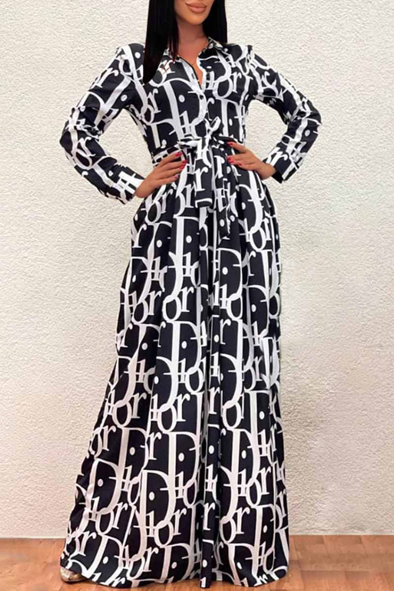 

Black And White Casual Print Letter Turndown Collar Shirt Dress Dresses