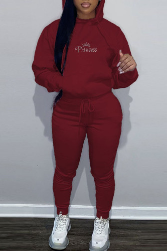Burgundy Casual Hot Drill Hooded Collar Long Sleeve Sweatshirt And Pants Sportwear Two Piece Jogger Set