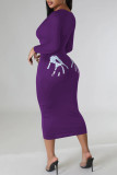 Пурпурные повседневные базовые платья с длинным рукавом с принтом на каждый день с U-образным вырезом