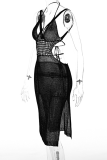 Black Sexy Solid Slit Spaghetti Strap Pencil Skirt Dresses