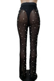 Apricot Sexy Solid Patchwork See-through Beading High Waist Straight Solid Color Bottoms