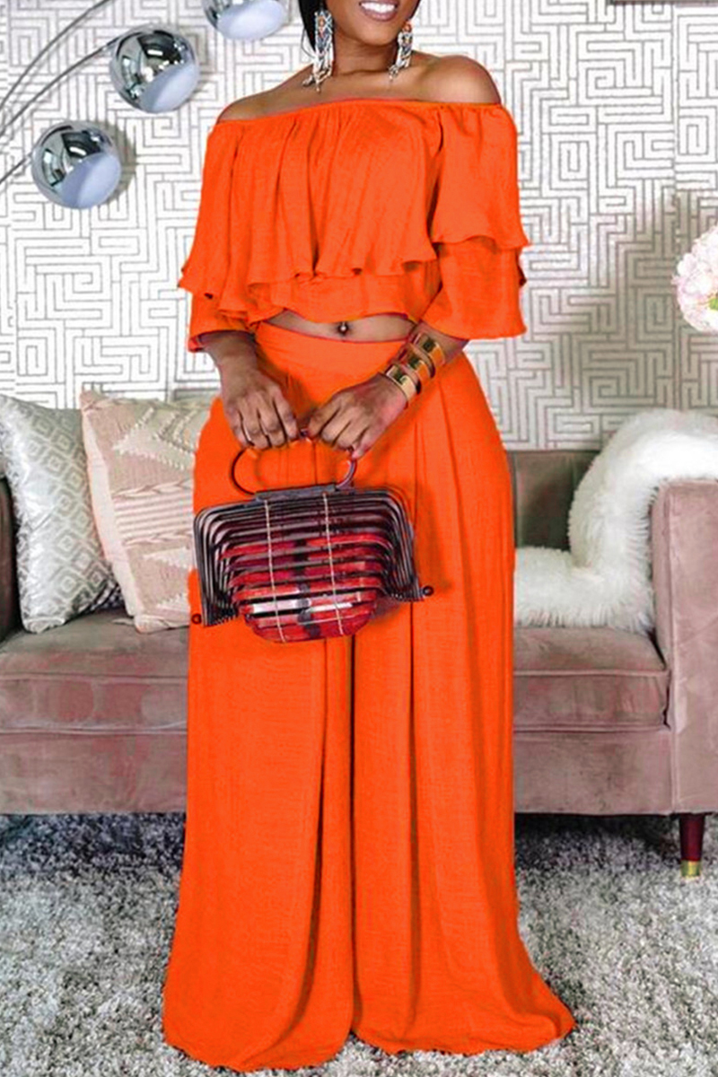 

Orange Fashion Casual Solid Patchwork Off the Shoulder Half Sleeve Two Pieces