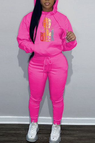 Rose Red Casual Graphics Print Hooded Collar Long Sleeve Sweatshirt And Pants Sportwear Two Piece Jogger Set