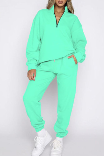 Cyan Casual Zipper Collar Long Sleeve Sweatshirt And Pants Sportwear Two Piece Jogger Set
