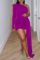 Púrpura sexy sólido patchwork asimétrico cuello oblicuo lápiz falda vestidos
