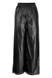 Pantalon décontracté taille haute en patchwork uni à la mode noir