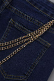 Jeans in denim a vita alta con decorazione in metallo patchwork strappato solido da strada sexy blu scuro