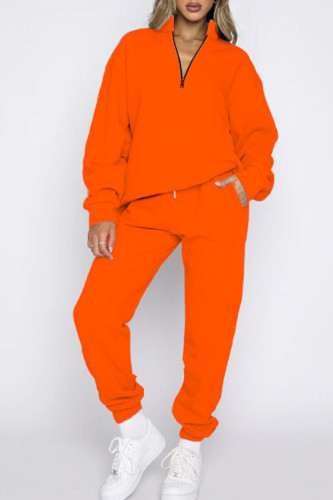 Orange Red Casual Zipper Collar Long Sleeve Sweatshirt And Pants Sportwear Two Piece Jogger Set