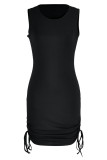 Черное сексуальное повседневное однотонное платье с круглым вырезом и повязкой