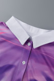 Púrpura moda casual estampado patchwork cuello vuelto manga corta dos piezas