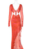 Vestido rojo sexy estampado ahuecado patchwork frenillo volante asimétrico cuello en V irregular Vestidos