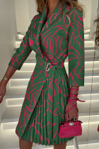 グリーン カジュアル プリント バンデージ パッチワーク フォールド ターンバック カラー ドレス