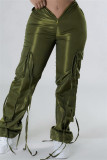 Calça de cintura média casual verde exército patchwork sólido