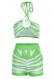 Green Sexy Print Bandage Patchwork Backless Halter Sleeveless Two Pieces