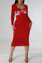 Red Casual Daily Print Basic U Neck Long Sleeve Dresses