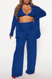 Bleu Sexy Casual Patchwork Paillettes Cardigan Gilets Pantalon Manches Longues Deux Pièces