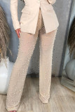 Calças de retalhos sólidas brancas sexy com miçangas transparentes cintura alta retas de cor sólida