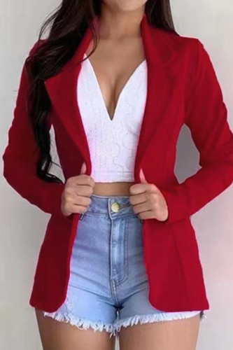 Prendas de abrigo de cuello vuelto de cárdigan sólido informal de moda roja