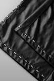 Calças pretas moda casual patchwork sólida com fenda regular cintura alta