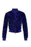 Blue Sexy Solid Sequins Patchwork Zipper Collar Outerwear (Only Outerwear)
