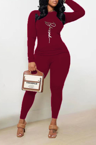 Burgundy Casual Print Patchwork O Neck Long Sleeve Two Pieces
