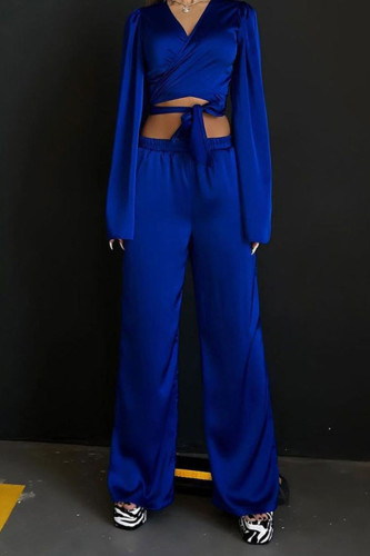 Blue Sexy Solid Bandage Patchwork V Neck Long Sleeve Two Pieces
