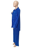 Blue Sexy Casual Patchwork Sequins Cardigan Vests Pants Long Sleeve Two Pieces