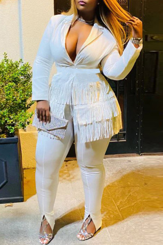 White Casual Solid Tassel Patchwork V Neck Long Sleeve Two Pieces
