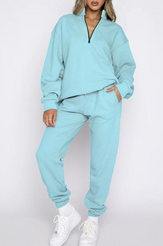 Sky Blue Casual Zipper Collar Long Sleeve Sweatshirt And Pants Sportwear Two Piece Jogger Set