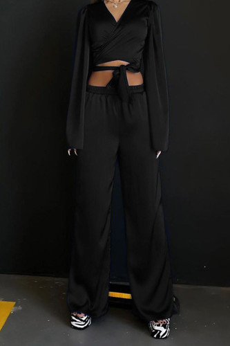 Black Sexy Solid Bandage Patchwork V Neck Long Sleeve Two Pieces