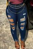 Donkerblauw Sexy Street Solid Ripped Patchwork Metalen Accessoires Decoratie Hoge Taille Denim Jeans