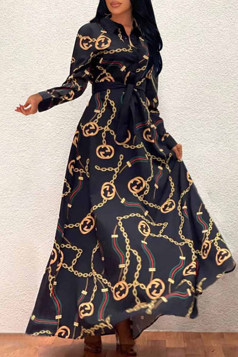 

Black Gold Casual Print Letter Turndown Collar Shirt Dress Dresses