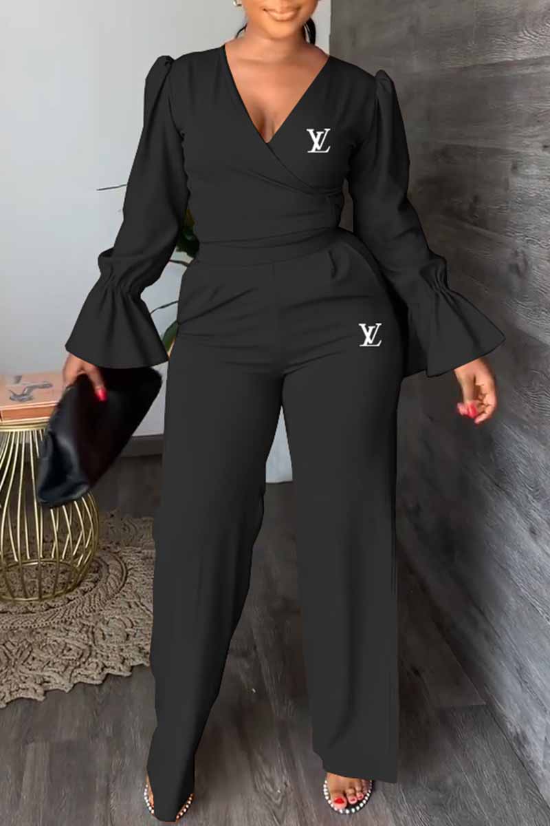 

Black Elegant Print Letter V Neck Long Sleeve Two Pieces